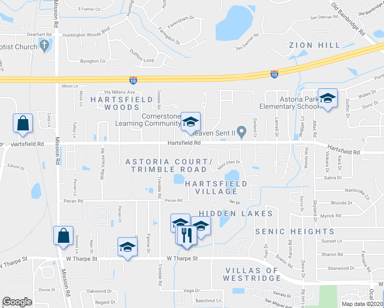 map of restaurants, bars, coffee shops, grocery stores, and more near 2525 Hartsfield Road in Tallahassee