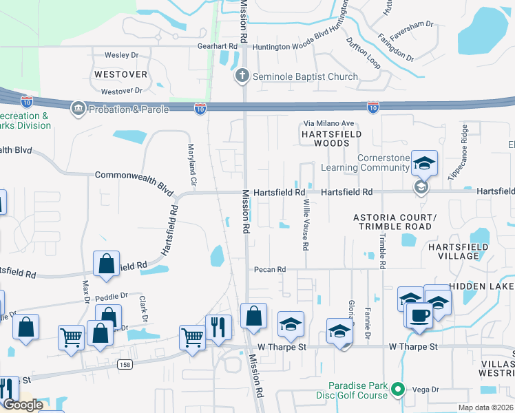 map of restaurants, bars, coffee shops, grocery stores, and more near 2262 Del Carmel Way in Tallahassee