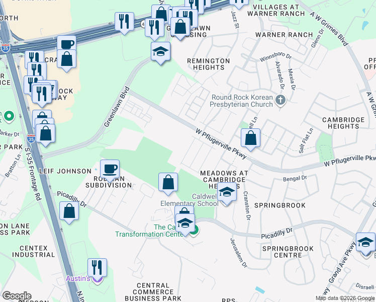 map of restaurants, bars, coffee shops, grocery stores, and more near 17010 Gibbons Path in Round Rock