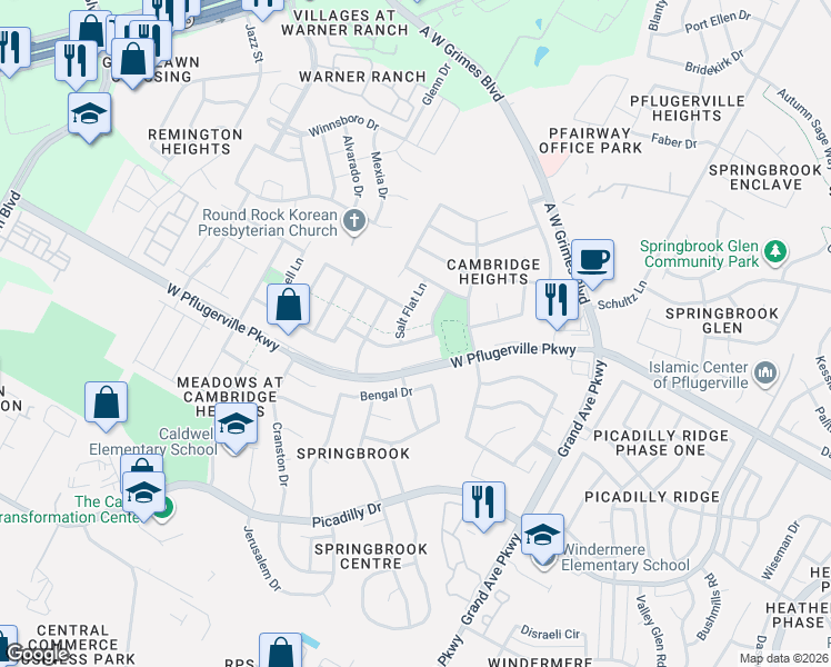 map of restaurants, bars, coffee shops, grocery stores, and more near 1613 Hueco Mountain Trail in Round Rock