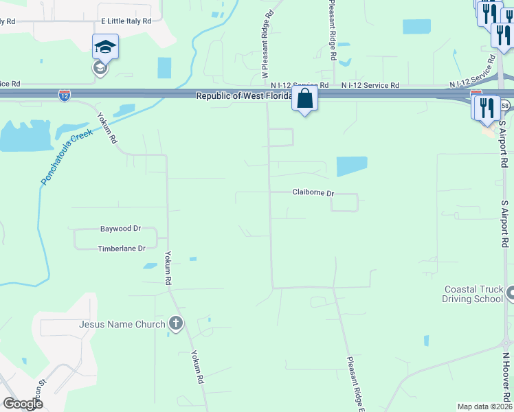 map of restaurants, bars, coffee shops, grocery stores, and more near 1121 2 Westin Oaks Drive in Hammond