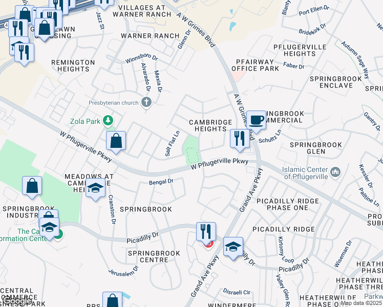 map of restaurants, bars, coffee shops, grocery stores, and more near 17500 Marfa Lights Trail in Round Rock