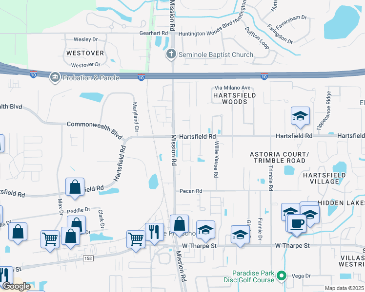 map of restaurants, bars, coffee shops, grocery stores, and more near 2262 Del Carmel Way in Tallahassee