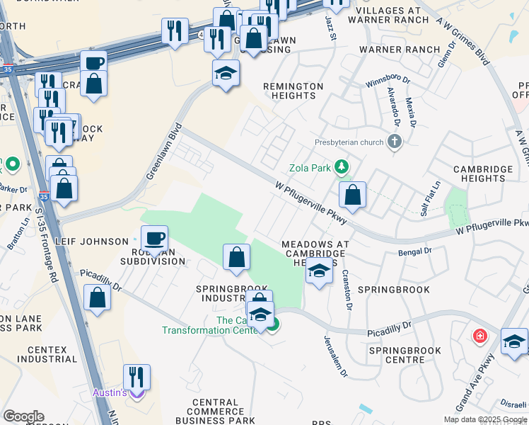 map of restaurants, bars, coffee shops, grocery stores, and more near 17010 Gibbons Path in Round Rock