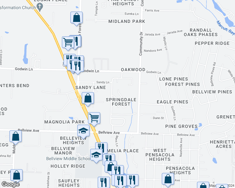 map of restaurants, bars, coffee shops, grocery stores, and more near 1614 Galvin Avenue in Pensacola