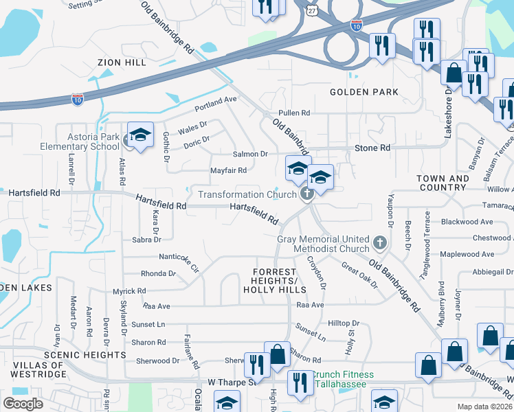 map of restaurants, bars, coffee shops, grocery stores, and more near 1801 Hartsfield Road in Tallahassee