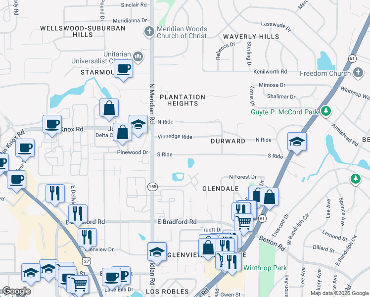 map of restaurants, bars, coffee shops, grocery stores, and more near 417 South Ride in Tallahassee