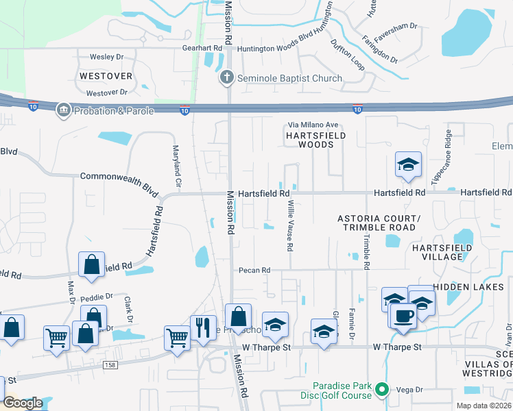 map of restaurants, bars, coffee shops, grocery stores, and more near 2262 Del Carmel Way in Tallahassee