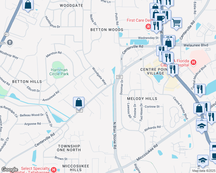 map of restaurants, bars, coffee shops, grocery stores, and more near Centerville Rd & Woodgate Way in Tallahassee