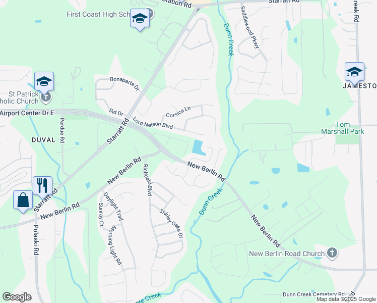 map of restaurants, bars, coffee shops, grocery stores, and more near 12759 Dunns View Drive in Jacksonville