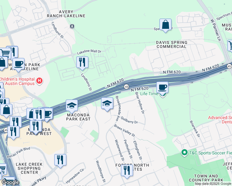 map of restaurants, bars, coffee shops, grocery stores, and more near 13341 North FM 620 in Austin