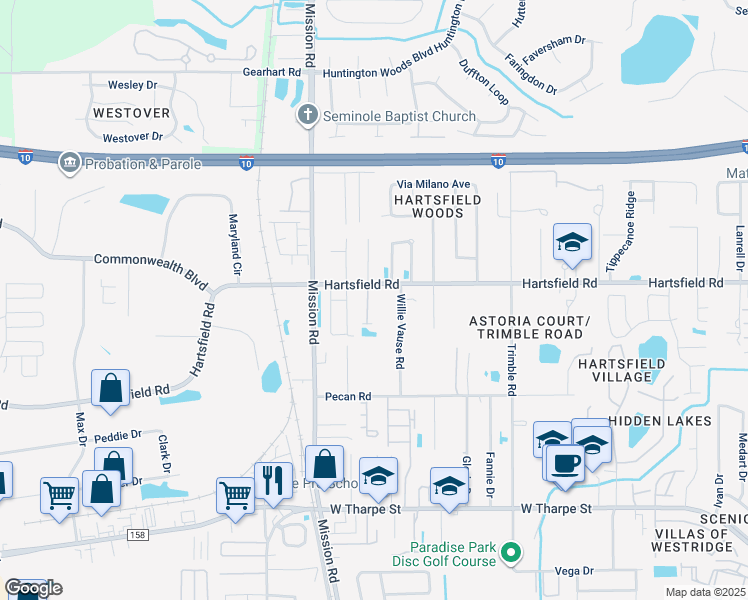 map of restaurants, bars, coffee shops, grocery stores, and more near 2223 Cedarbrook Court in Tallahassee