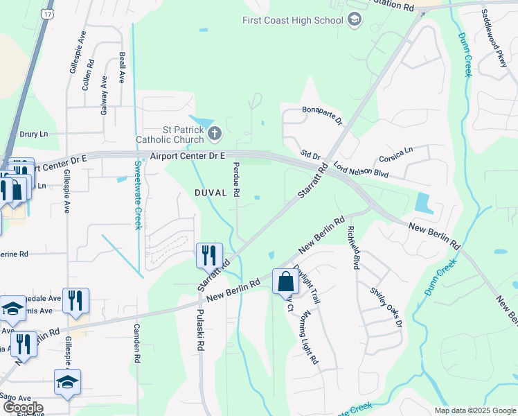 map of restaurants, bars, coffee shops, grocery stores, and more near 567 Starratt Road in Jacksonville