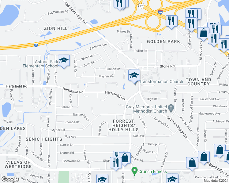 map of restaurants, bars, coffee shops, grocery stores, and more near 1801 Hartsfield Road in Tallahassee