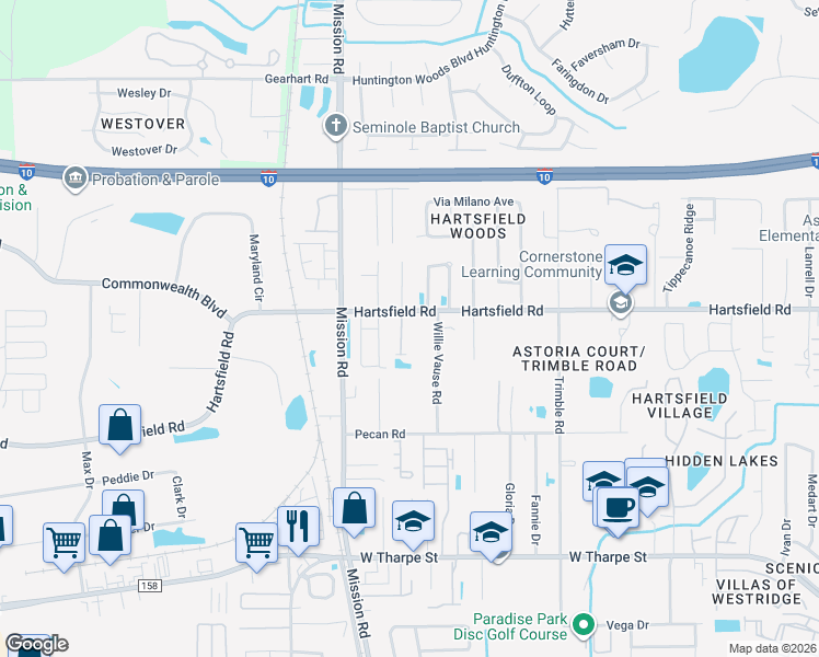 map of restaurants, bars, coffee shops, grocery stores, and more near 2207 Cedarbrook Court in Tallahassee