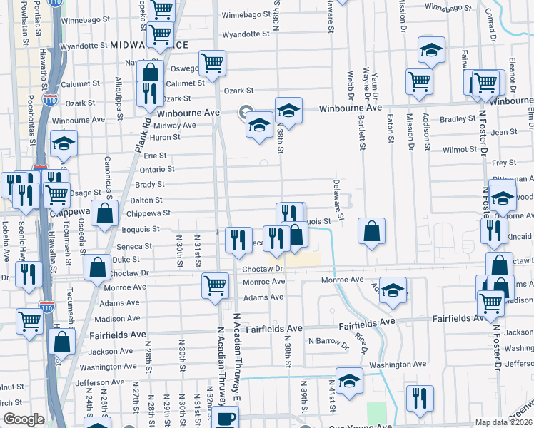 map of restaurants, bars, coffee shops, grocery stores, and more near 3625 Iroquois Street in Baton Rouge