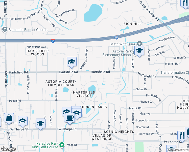 map of restaurants, bars, coffee shops, grocery stores, and more near 2445 Jolene Lane in Tallahassee