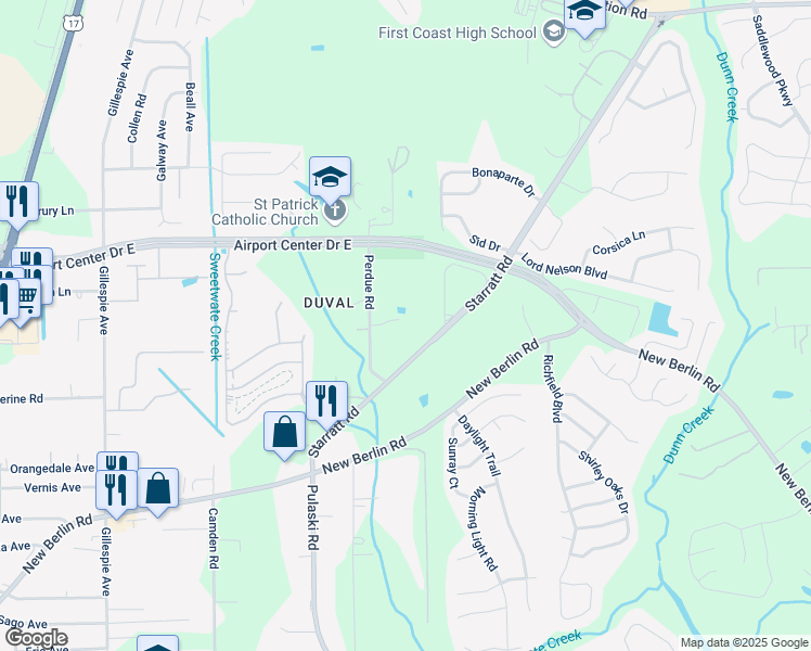 map of restaurants, bars, coffee shops, grocery stores, and more near 567 Starratt Road in Jacksonville