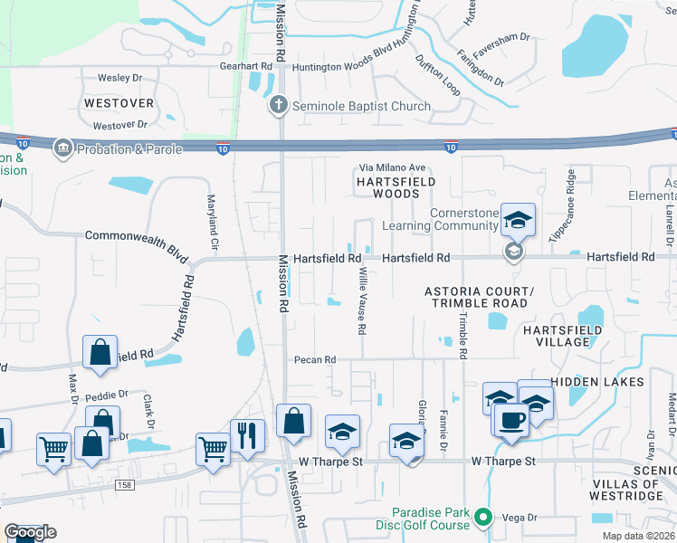 map of restaurants, bars, coffee shops, grocery stores, and more near 2207 Cedarbrook Court in Tallahassee