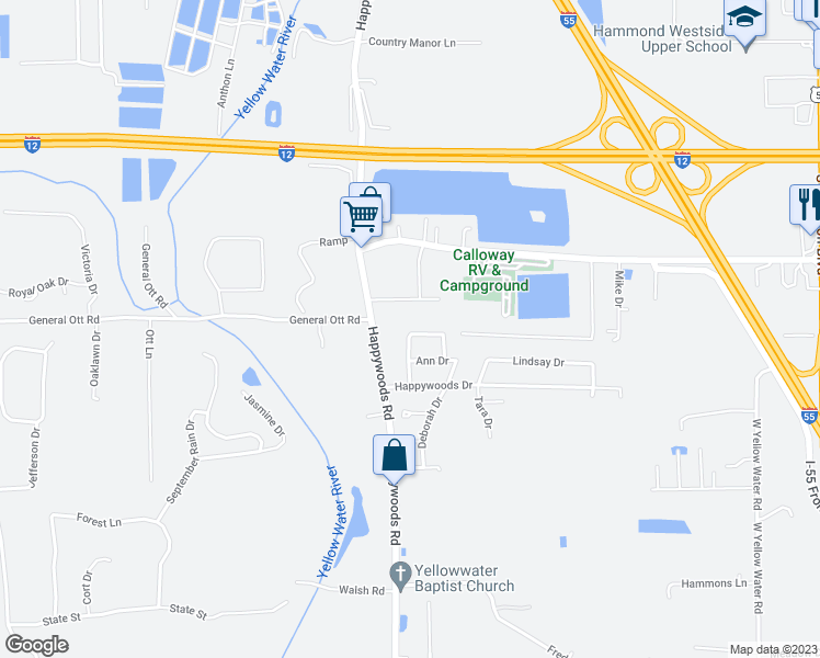 map of restaurants, bars, coffee shops, grocery stores, and more near 42305 Jerome Drive in Hammond