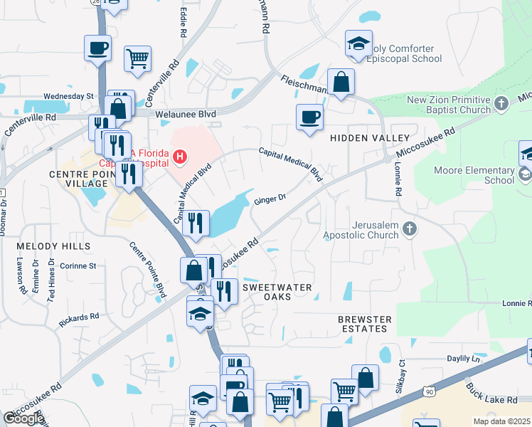 map of restaurants, bars, coffee shops, grocery stores, and more near 2990 Nutmeg Court in Tallahassee