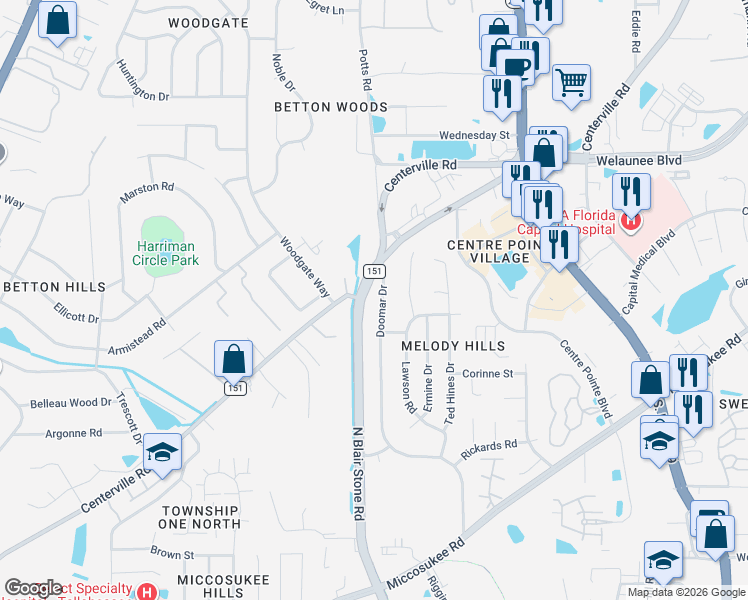 map of restaurants, bars, coffee shops, grocery stores, and more near 2039 Doomar Drive in Tallahassee