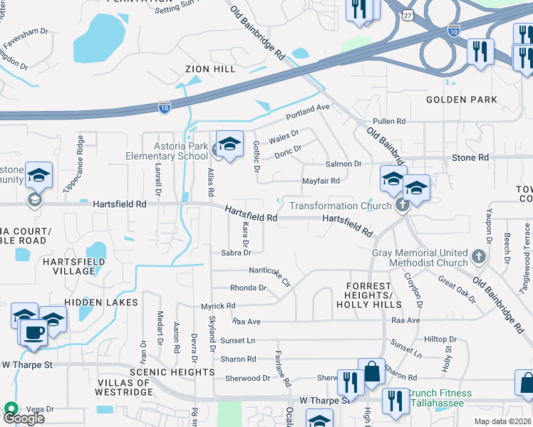 map of restaurants, bars, coffee shops, grocery stores, and more near 2323 Vincent Drive in Tallahassee