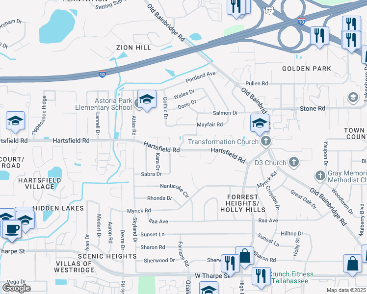 map of restaurants, bars, coffee shops, grocery stores, and more near 1997 Maymeadow Lane in Tallahassee
