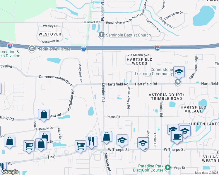 map of restaurants, bars, coffee shops, grocery stores, and more near 2289 Del Carmel Way in Tallahassee