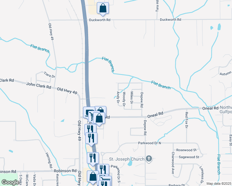map of restaurants, bars, coffee shops, grocery stores, and more near 15460 Woody Drive in Gulfport