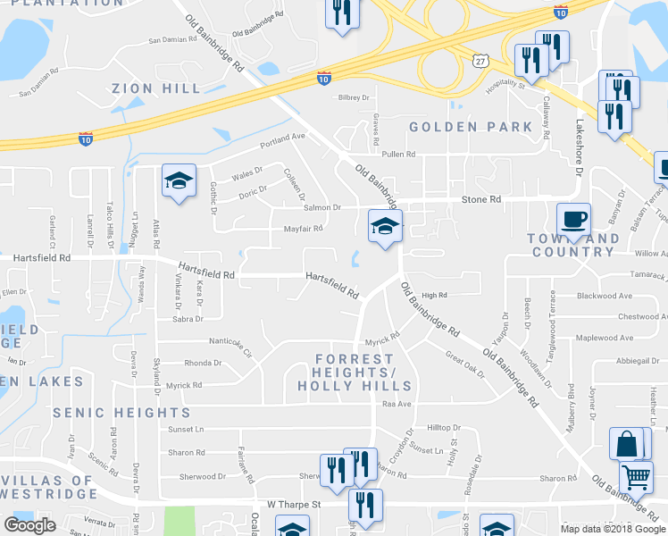 map of restaurants, bars, coffee shops, grocery stores, and more near 1827 Sylvan Court in Tallahassee