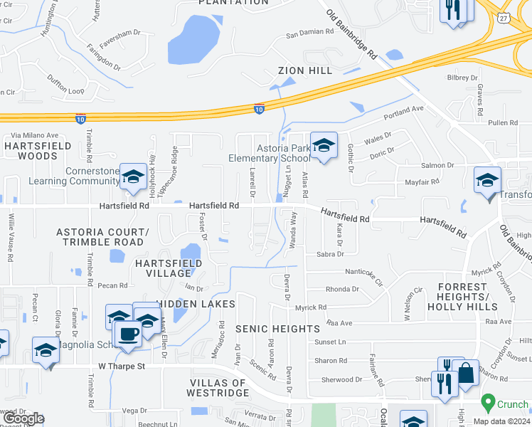 map of restaurants, bars, coffee shops, grocery stores, and more near 2402 Talco Hills Drive in Tallahassee