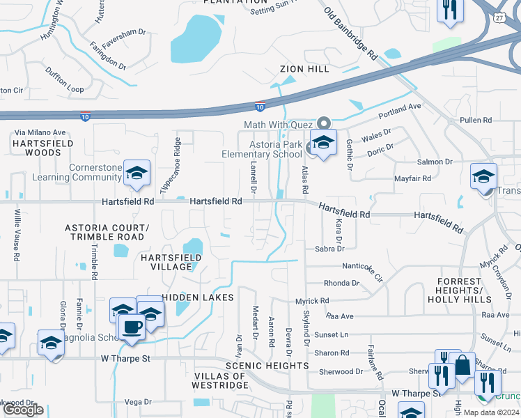 map of restaurants, bars, coffee shops, grocery stores, and more near 2402 Talco Hills Drive in Tallahassee