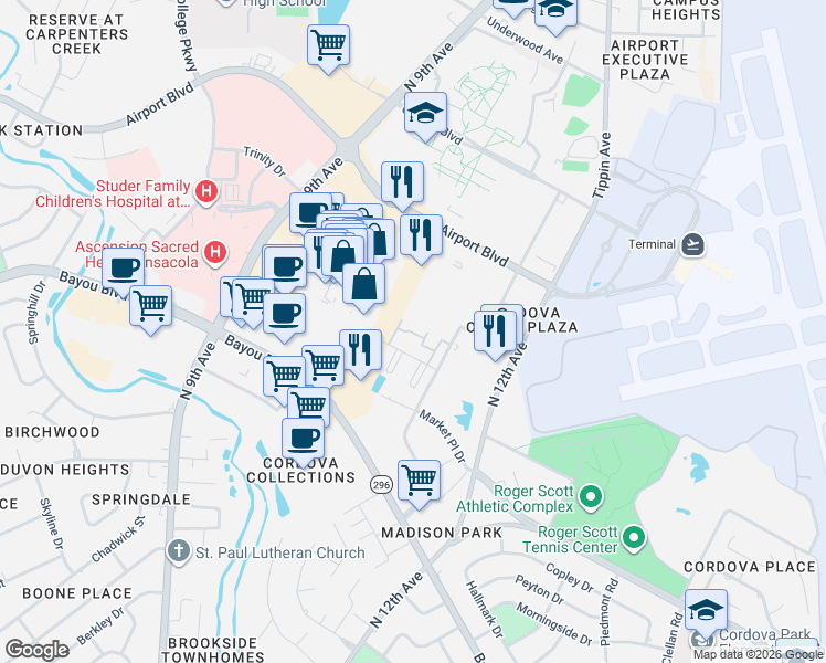 map of restaurants, bars, coffee shops, grocery stores, and more near 5051 Grande Drive in Pensacola