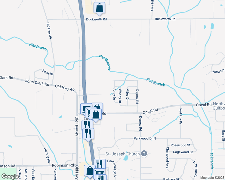 map of restaurants, bars, coffee shops, grocery stores, and more near 15460 Woody Drive in Gulfport
