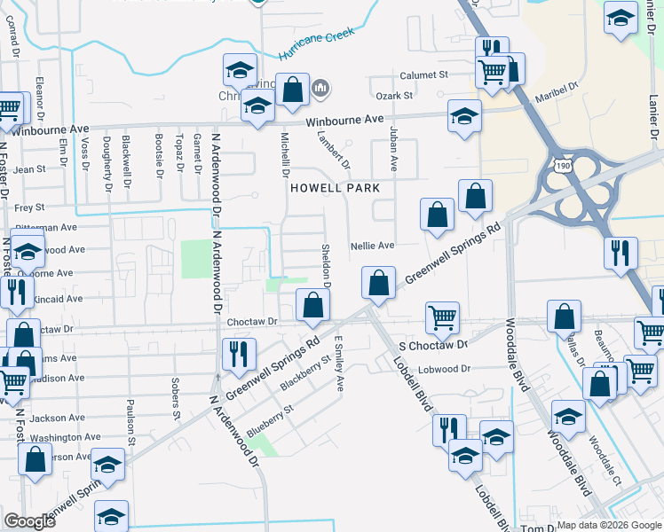 map of restaurants, bars, coffee shops, grocery stores, and more near 2739 Sheldon Drive in Baton Rouge