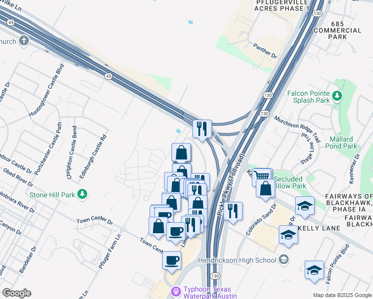 map of restaurants, bars, coffee shops, grocery stores, and more near 19000 Limestone Commercial Drive in Pflugerville