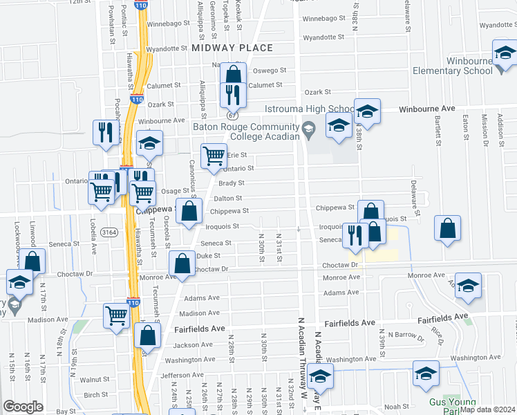 map of restaurants, bars, coffee shops, grocery stores, and more near 2955 Chippewa Street in Baton Rouge