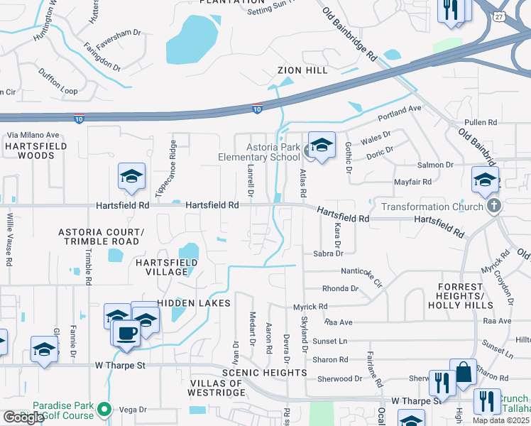map of restaurants, bars, coffee shops, grocery stores, and more near 2388 Hartsfield Way in Tallahassee