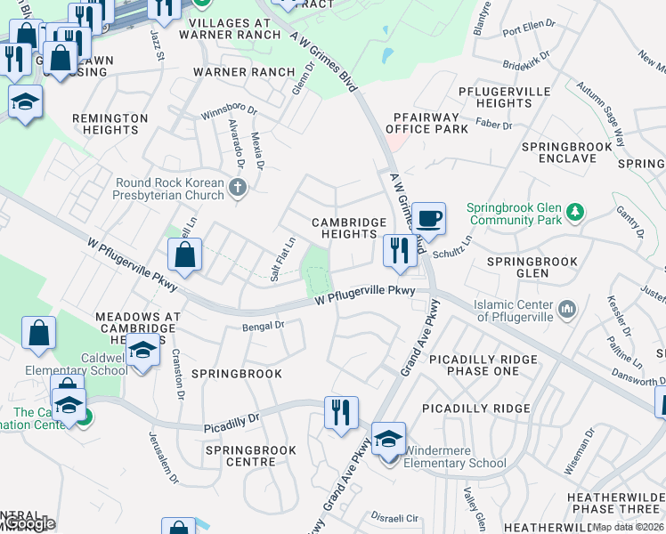 map of restaurants, bars, coffee shops, grocery stores, and more near 17608 Van Horn Court in Round Rock