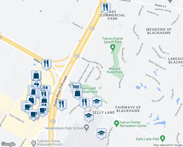 map of restaurants, bars, coffee shops, grocery stores, and more near 19401 Gale Meadow Drive in Pflugerville