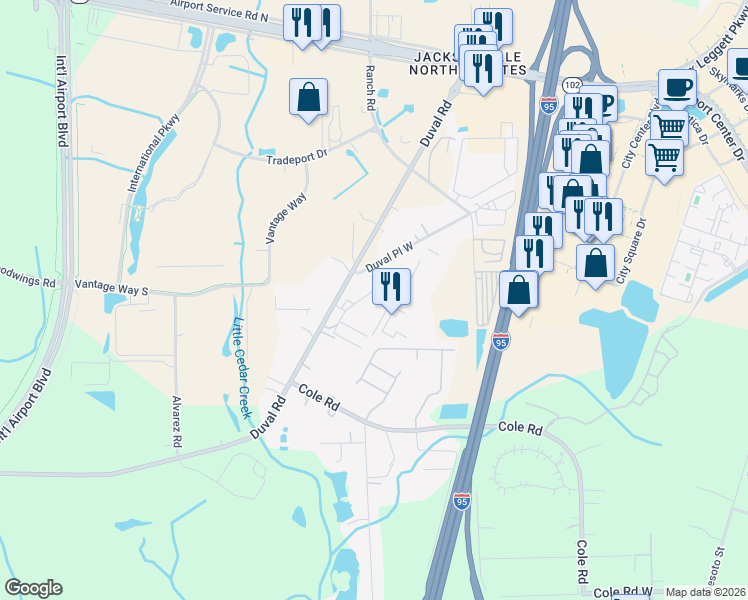 map of restaurants, bars, coffee shops, grocery stores, and more near 14200 Duval Road in Jacksonville