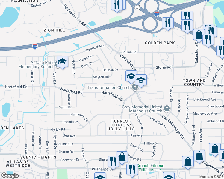 map of restaurants, bars, coffee shops, grocery stores, and more near 1827 Sylvan Court in Tallahassee