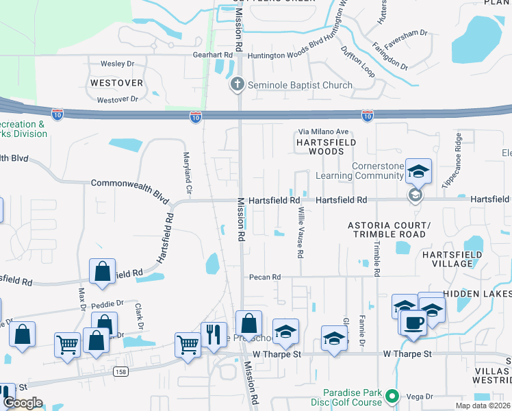 map of restaurants, bars, coffee shops, grocery stores, and more near 2780 Hartsfield Road in Tallahassee