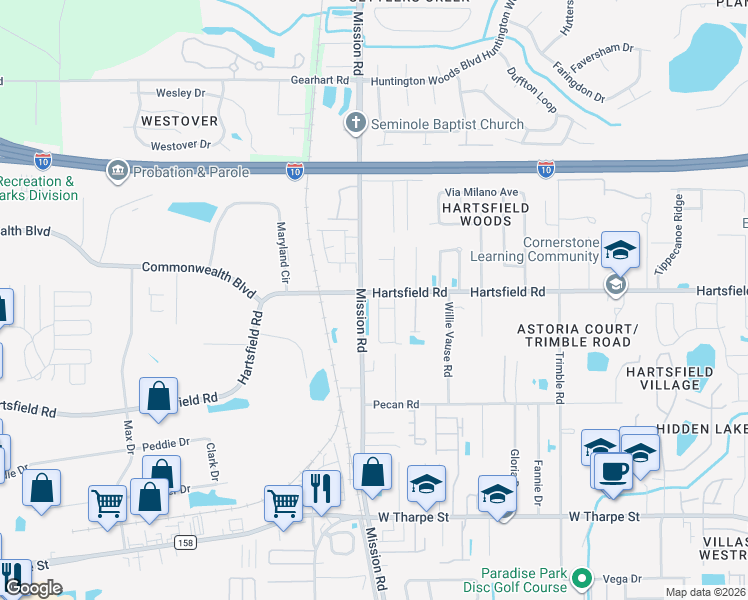 map of restaurants, bars, coffee shops, grocery stores, and more near 2780 Hartsfield Road in Tallahassee