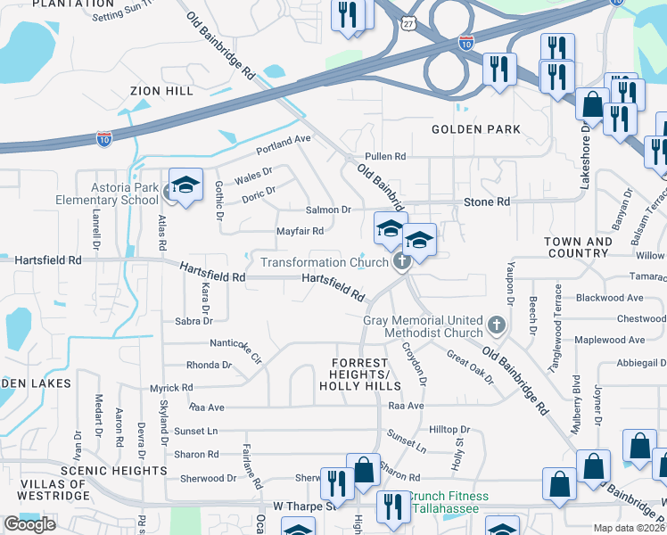 map of restaurants, bars, coffee shops, grocery stores, and more near 1827 Sylvan Court in Tallahassee