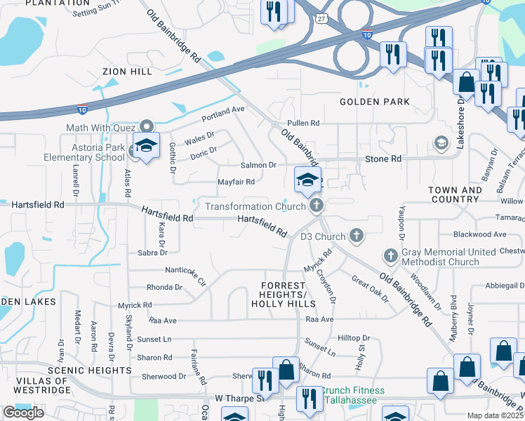 map of restaurants, bars, coffee shops, grocery stores, and more near 2320 Sylvan Court in Tallahassee