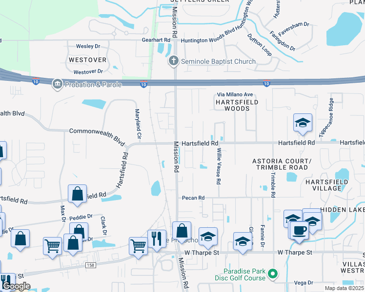map of restaurants, bars, coffee shops, grocery stores, and more near 2780 Hartsfield Road in Tallahassee