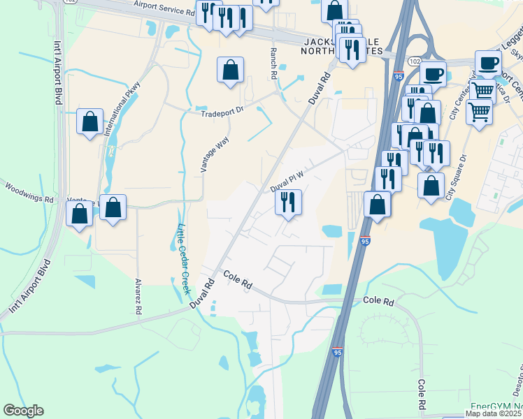 map of restaurants, bars, coffee shops, grocery stores, and more near 14254 Duval Road in Jacksonville
