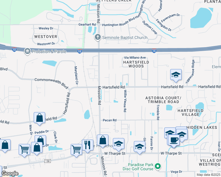 map of restaurants, bars, coffee shops, grocery stores, and more near 2780 Hartsfield Road in Tallahassee